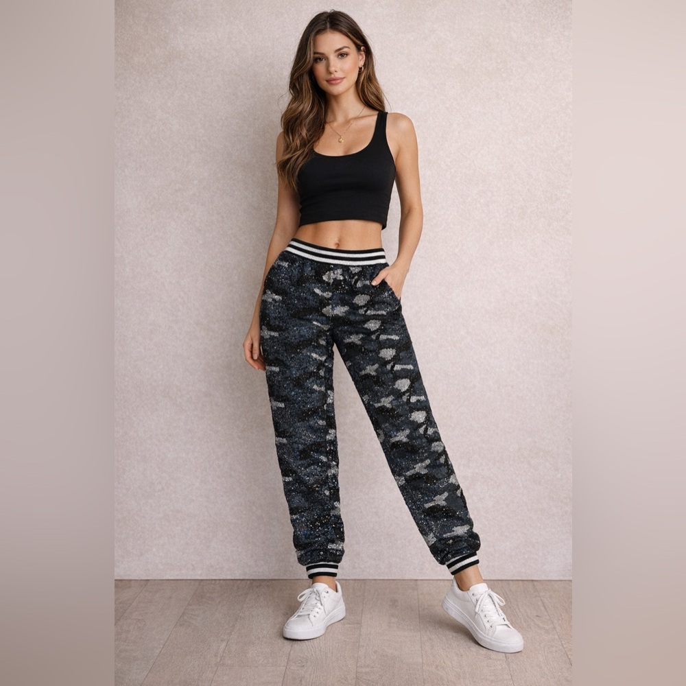 Topshop Sequin Camouflage Joggers - Black and Gray